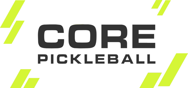 Logo featuring the text "CORE PICKLEBALL" in bold black letters, accented with bright yellow diagonal lines.