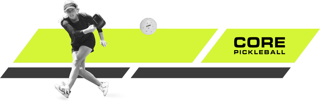 A player in action, hitting a pickleball, with a vibrant green and black background featuring the text "CORE PICKLEBALL."