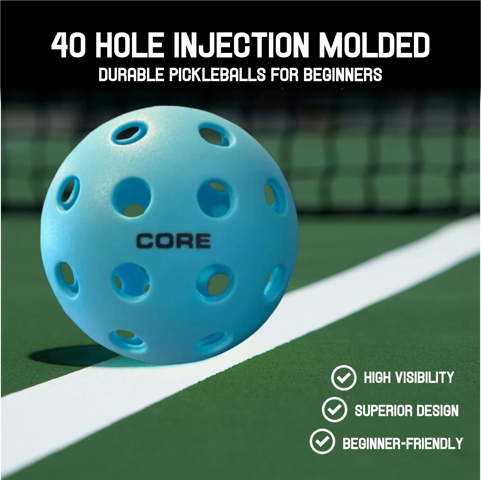 Pickleball for All | 40 Hole Injection Molded, Vibrant Blue, Durable CORE Pickleballs for Beginners | Built to USAPA Specifications - CORE Pickleball