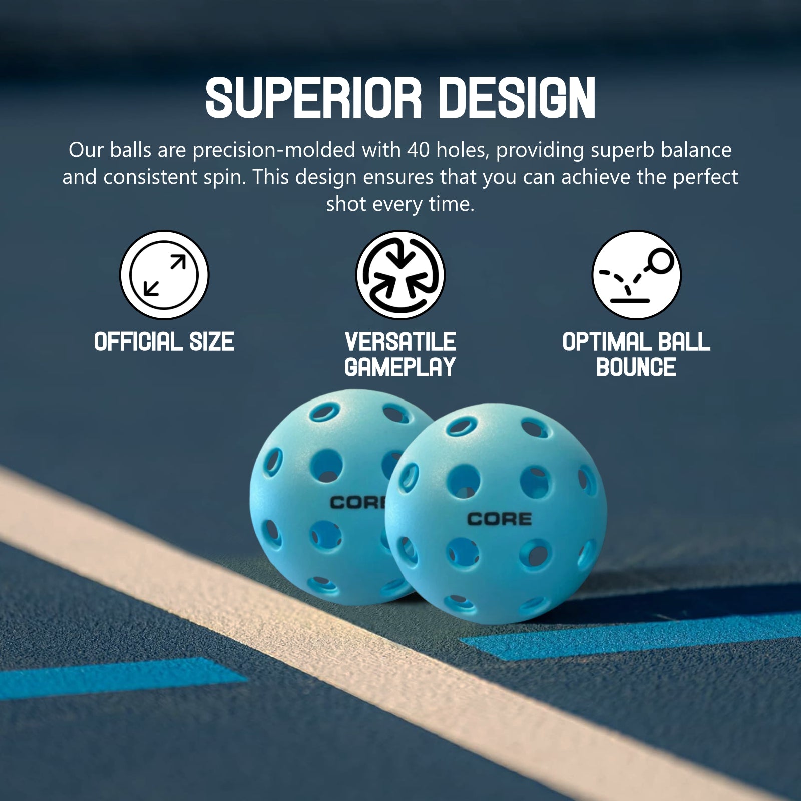 Pickleball for All | 40 Hole Injection Molded, Vibrant Blue, Durable CORE Pickleballs for Beginners | Built to USAPA Specifications - CORE Pickleball