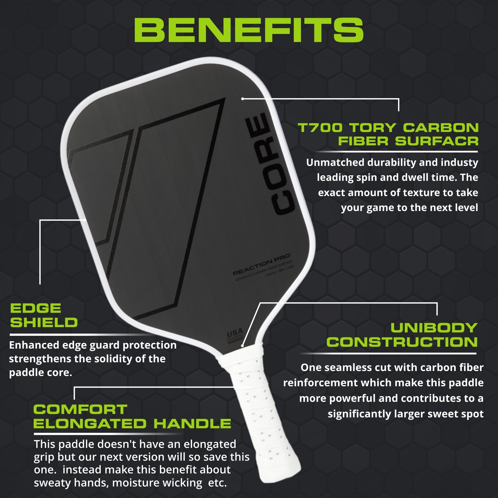 CORE Reaction Pro Pickleball Paddle | T700 Carbon Fiber Surface | MX-1000 - CORE Pickleball