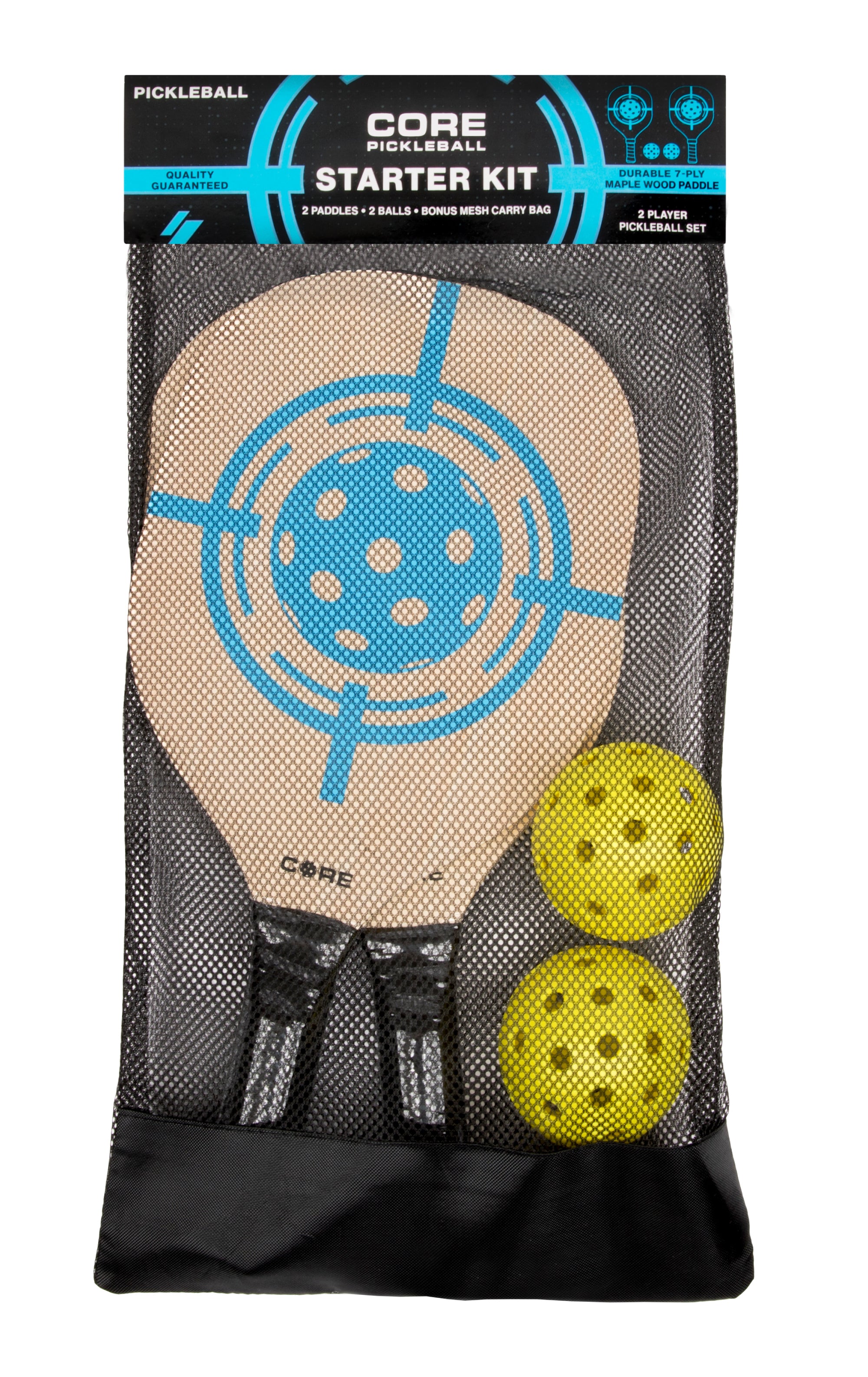 CORE PICKLEBALL PADDLE SET - 2 Wood Pickleball Paddles, 2 Outdoor Yellow Pickleballs and Mesh Carry Bag.