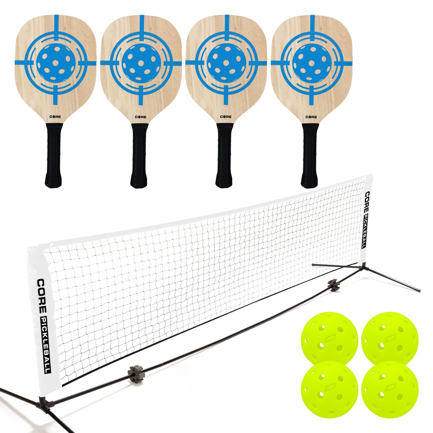 Half Court Size Pickleball Net by CORE Pickleball - Includes 10ft Net, (4) Paddles, and (4) USA Pickleball Approved Pickleballs - CORE Pickleball