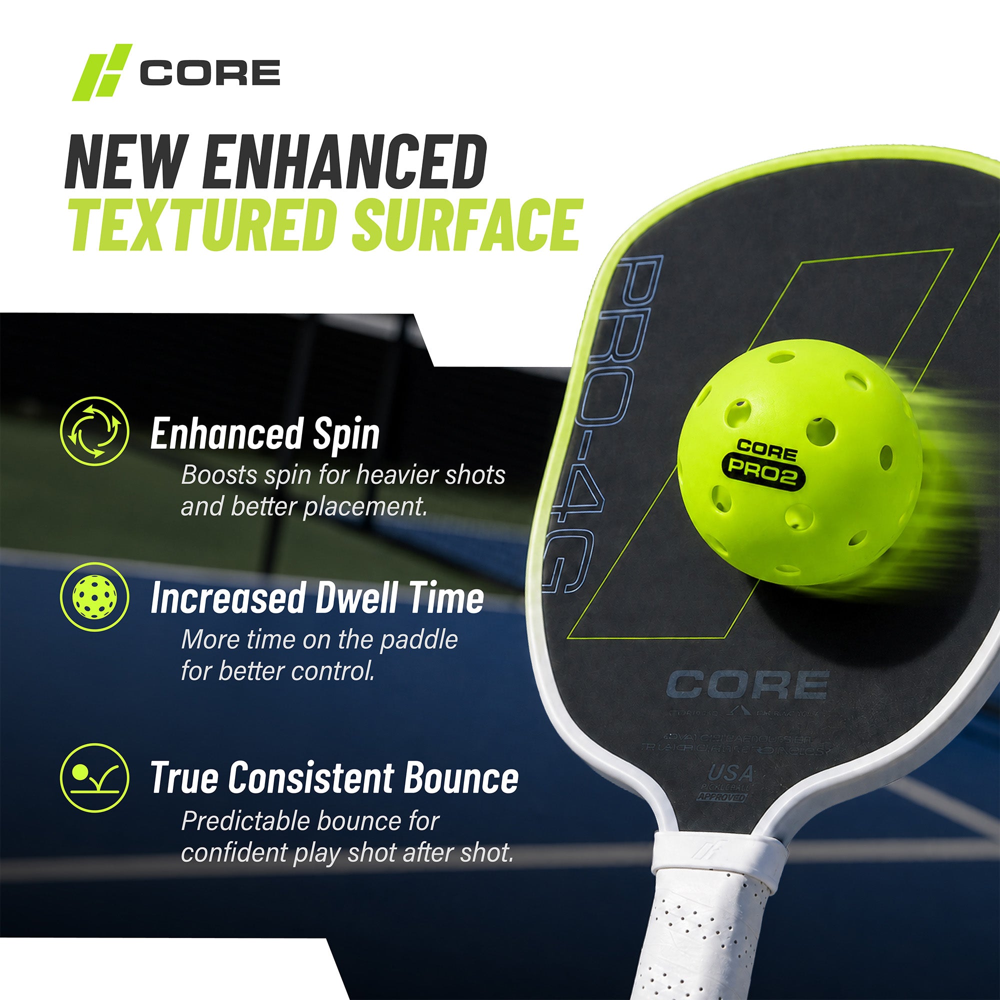 ピッコロ ゲルマインハート 4P CORE PRO2 Pickleball Balls | 40-Hole Outdoor Textured Lime Green
