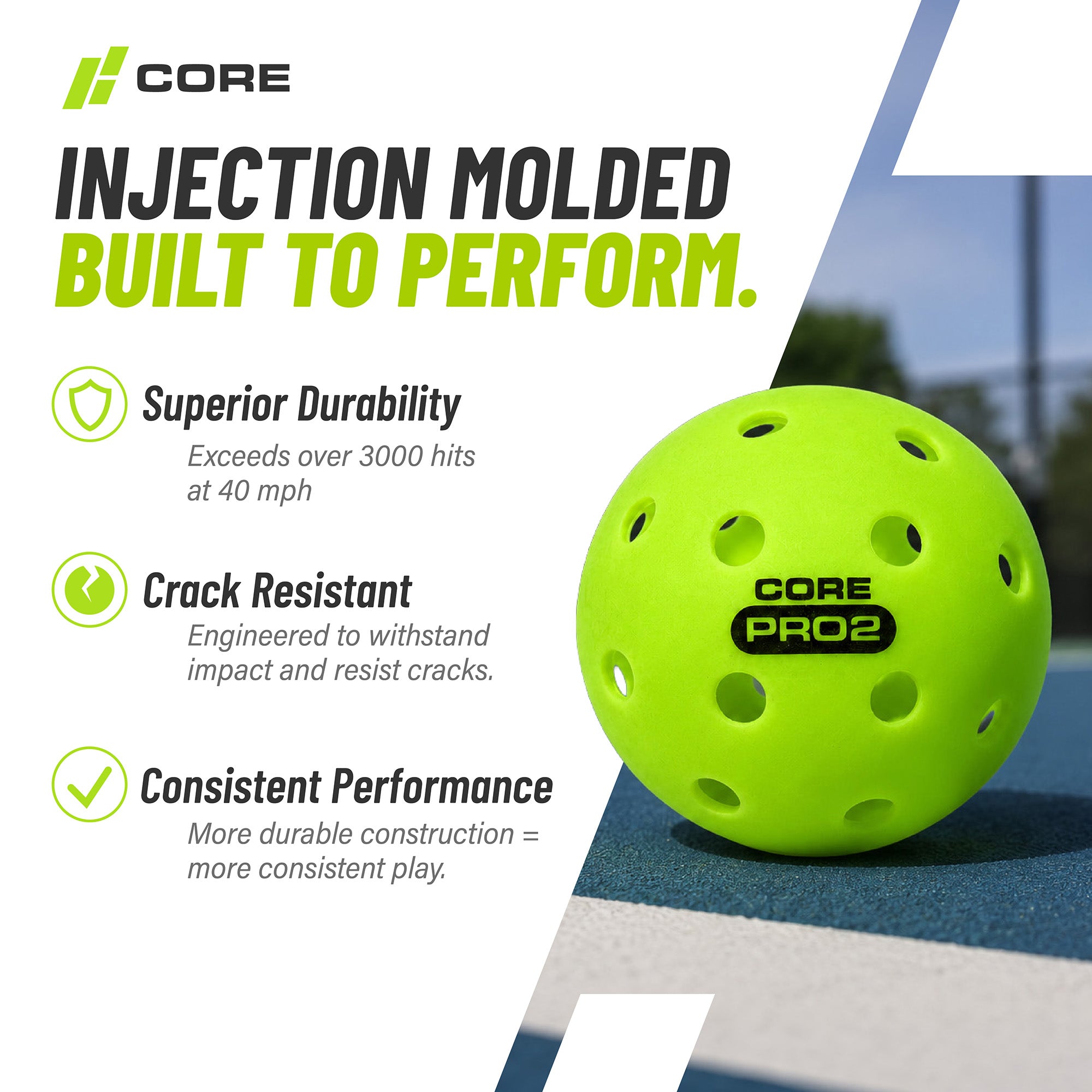 CORE PRO2 Pickleball Balls | 40-Hole Outdoor Textured Lime Green