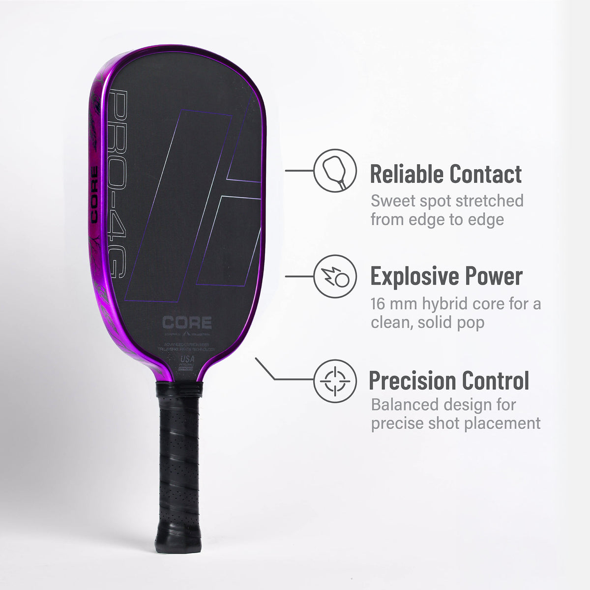 CORE PRO 4G Raven Edition pickleball paddle - reliable contact, explosive power from a 16mm hybrid core, precision control
