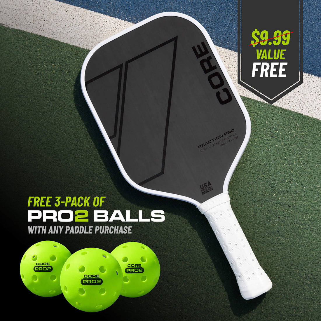 CORE Reaction Pro Pickleball Paddle | T700 Carbon Fiber Surface | MX-1000 (16mm) - CORE Pickleball