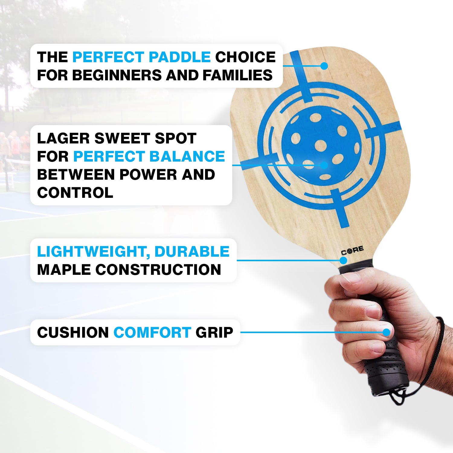 CORE PICKLEBALL PADDLE SET - 2 Wood Pickleball Paddles, 2 Outdoor Yellow Pickleballs and Mesh Carry Bag. - CORE Pickleball