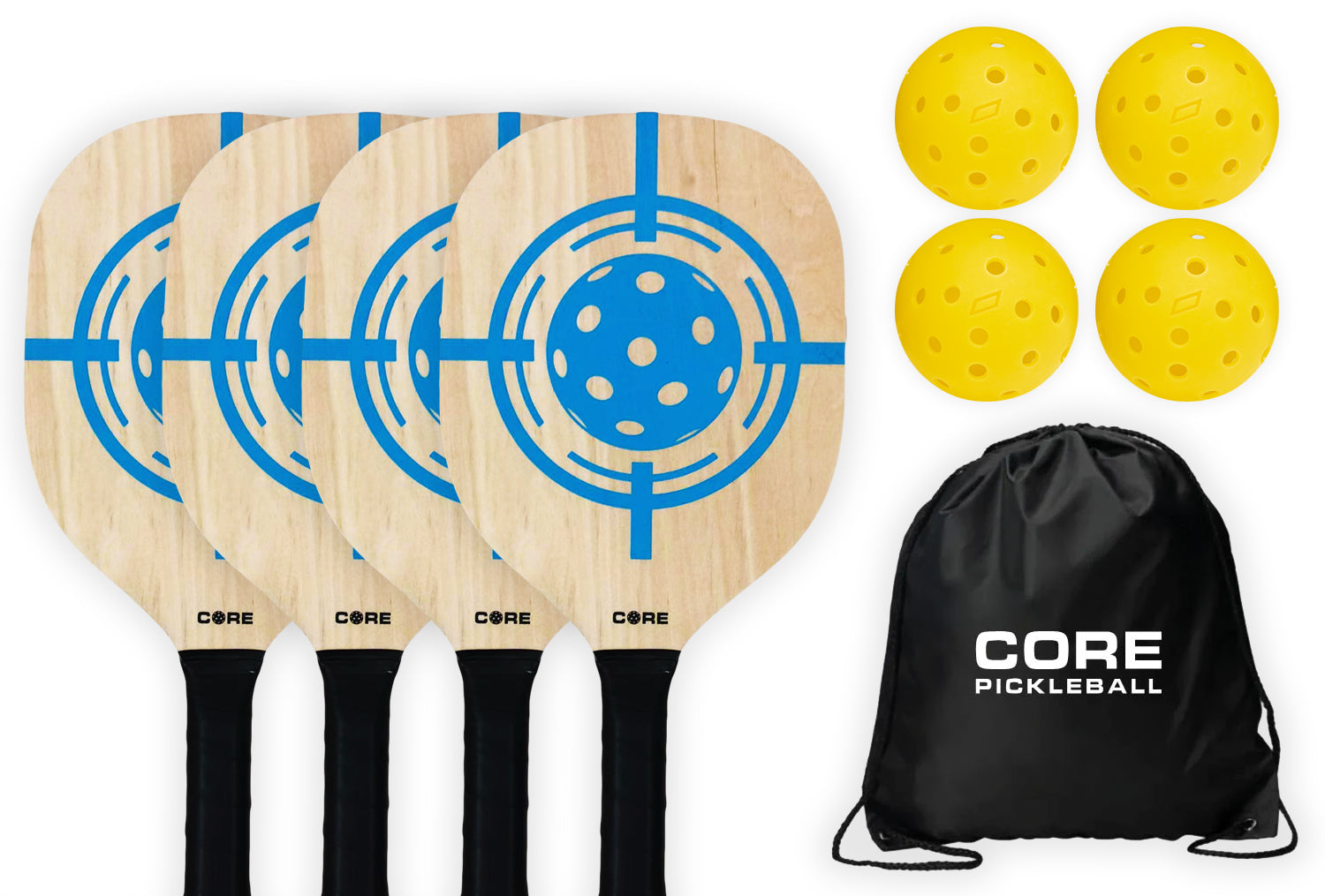 CORE PICKLEBALL PADDLE SET - 4 Wood Pickleball Paddles, 2 Outdoor Yellow Pickleballs and Nylon CORE Drawstring Carry Bag - CORE Pickleball