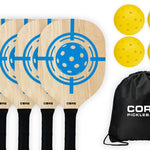 CORE PICKLEBALL PADDLE SET - 4 Wood Pickleball Paddles, 2 Outdoor Yellow Pickleballs and Nylon CORE Drawstring Carry Bag - CORE Pickleball