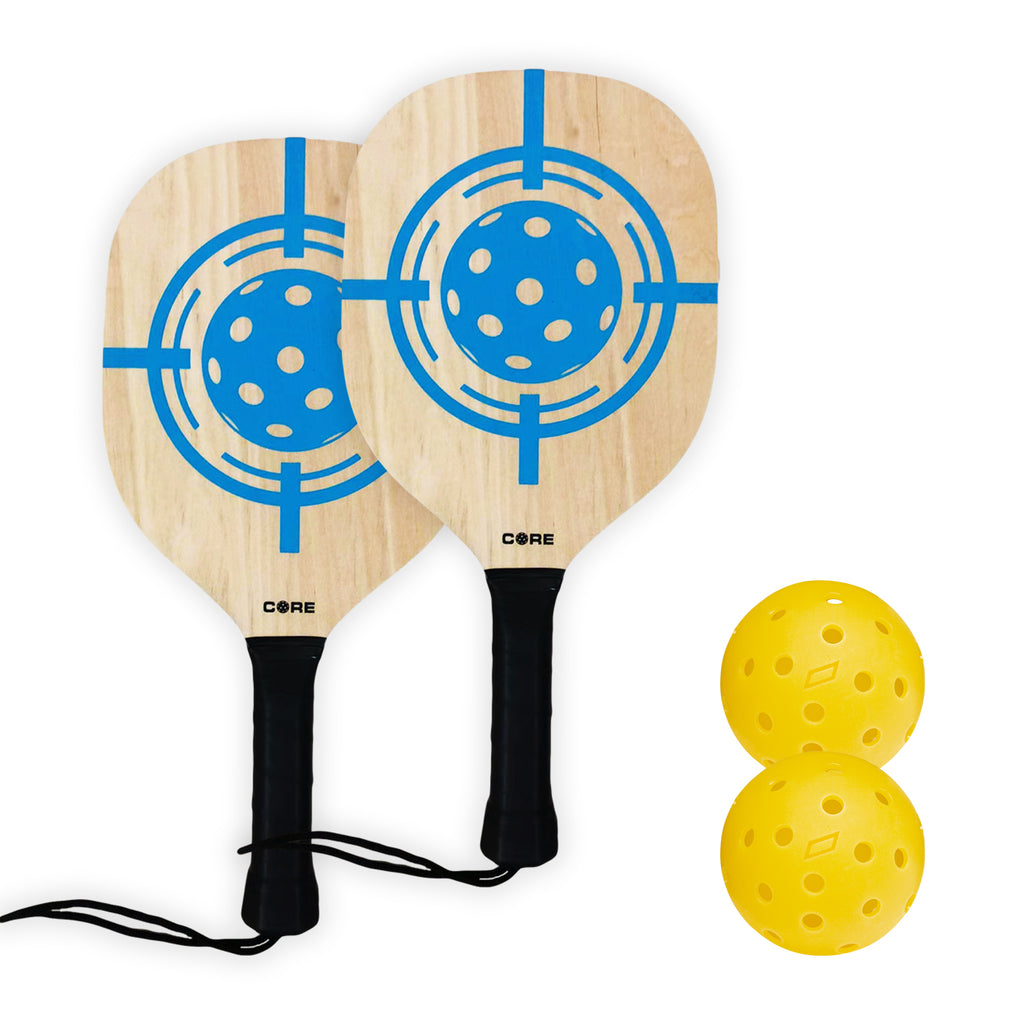 CORE PICKLEBALL PADDLE SET - 2 Wood Pickleball Paddles, 2 Outdoor Yellow Pickleballs and Mesh Carry Bag. - CORE Pickleball